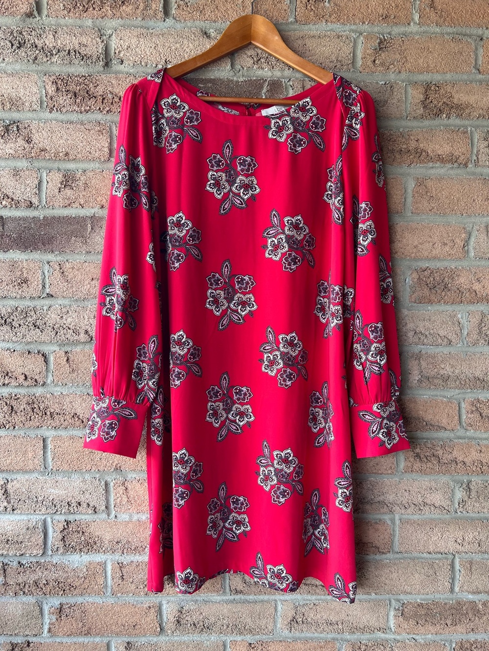 LOFT Floral Shift Dress Red Long Sleeve Tunic Boho Work Casual